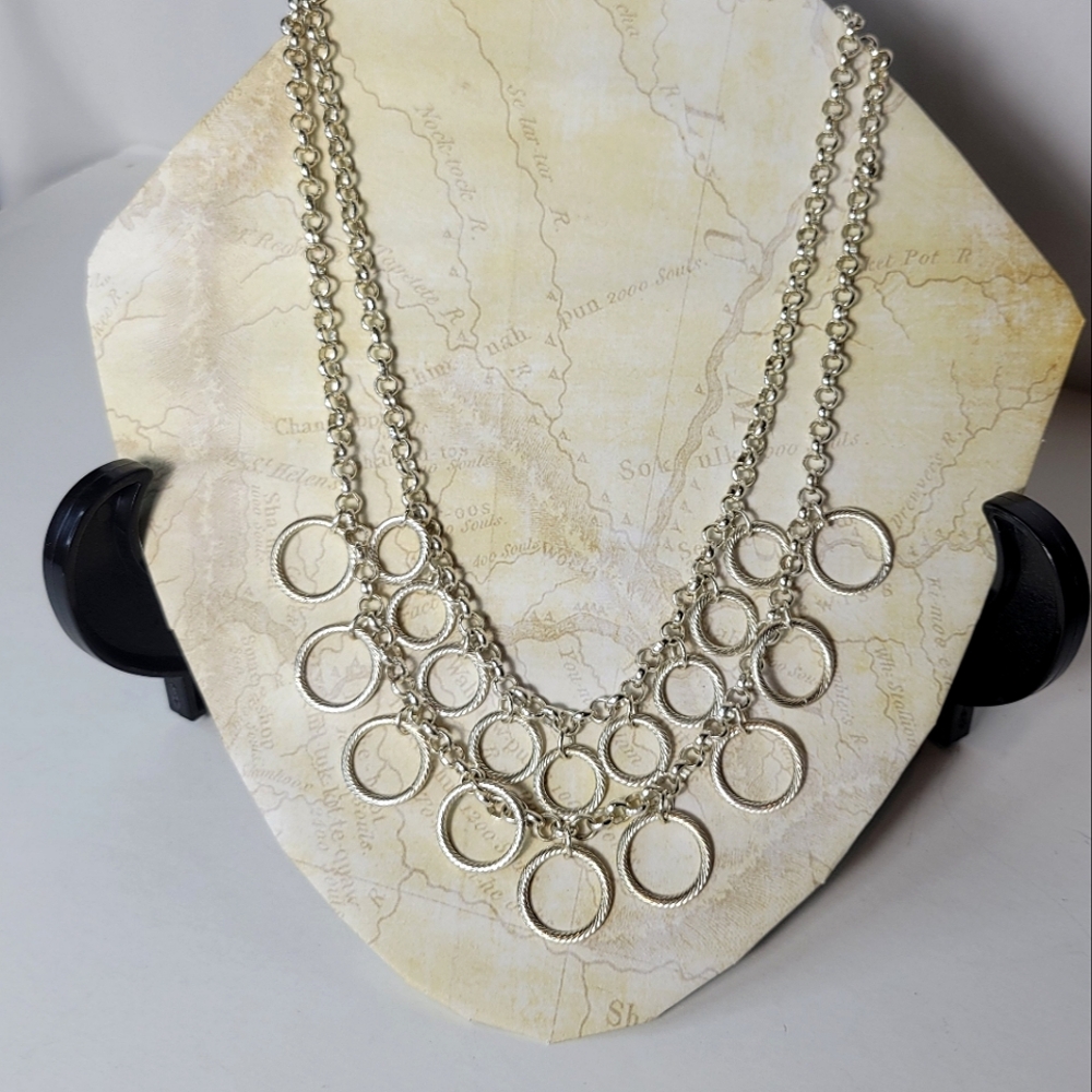 Double strand dangling loops silvertone necklace